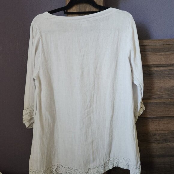 Match Point Top Womens S Linen‎ Tunic  Laggenlook Minimalist Lace Trim Boxy Gray - Picture 2 of 14